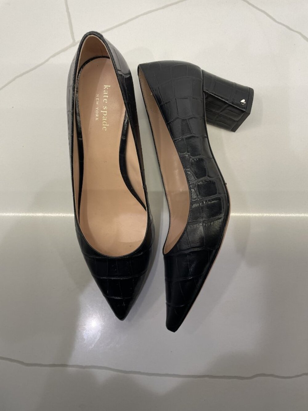 Kate Spade Beverly Reptile Black Pointed Toe Pumps - Size 8 - Block Heels